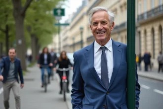 Chanteur français en costume bleu dans la ville de Paris