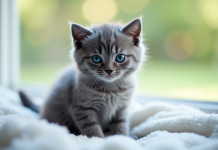 Chaton gris aux yeux bleus sur une couverture blanche