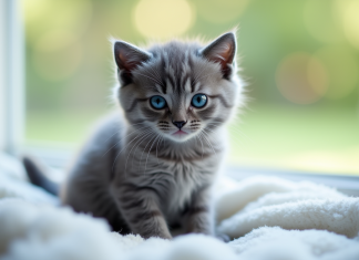 Les caractéristiques spécifiques des chatons gris aux yeux bleus Chaton gris aux yeux bleus sur une couverture blanche