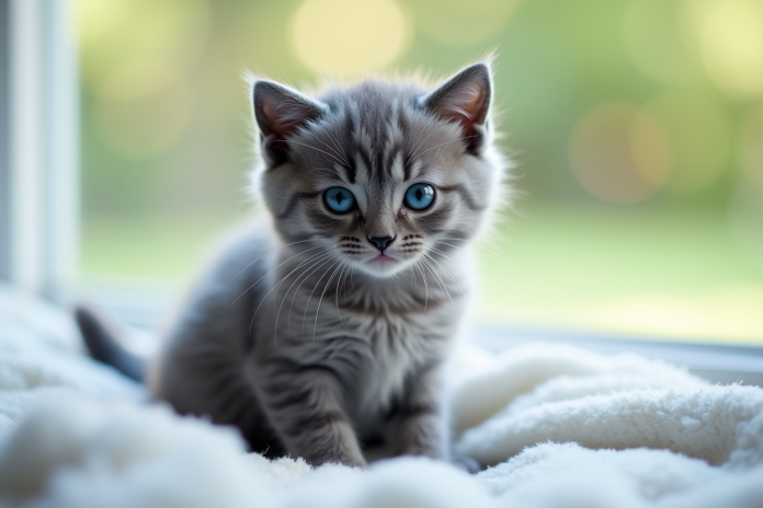 chaton-gris-yeux-bleus-doux Chaton gris aux yeux bleus sur une couverture blanche