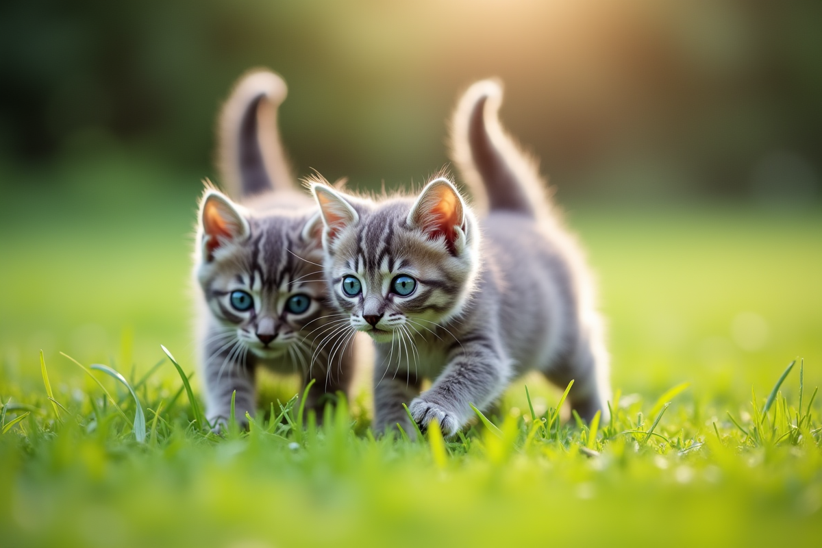 Deux chatons gris aux yeux bleus explorant une pelouse verte
