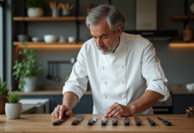 Comment sélectionner un couteau Pradel pour une cuisine parfaite Chef professionnel inspectant des couteaux Pradel dans une cuisine moderne