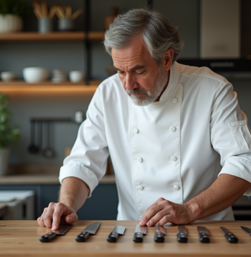 Comment sélectionner un couteau Pradel pour une cuisine parfaite Chef professionnel inspectant des couteaux Pradel dans une cuisine moderne