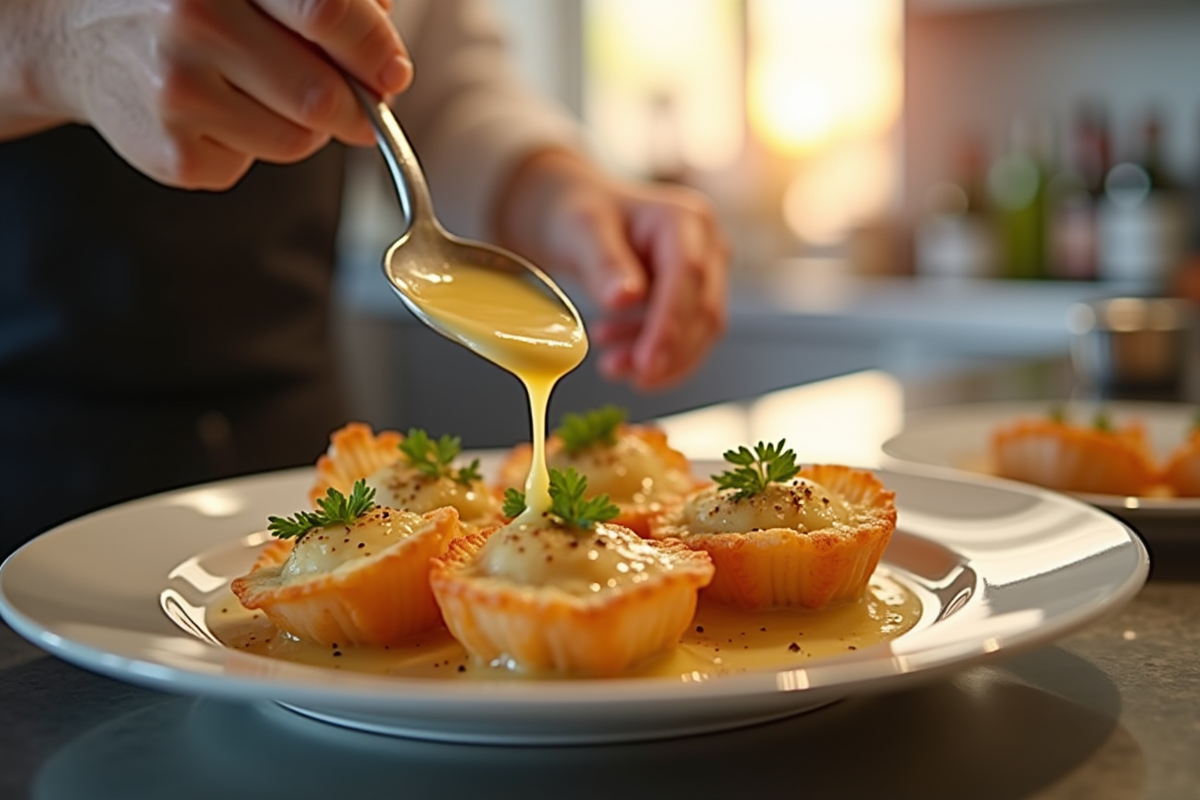 Chef en cuisine préparant coquilles SaintJacques gratinées