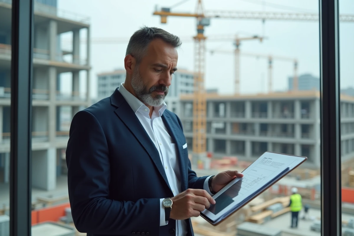 Chef de projet en costume bleu examine plans sur site