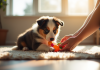 Chiot Australian Shepherd jouant dans un salon lumineux