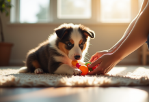 Chiot Australian Shepherd jouant dans un salon lumineux