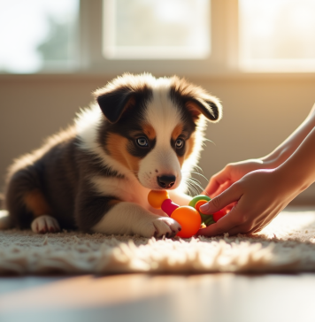 Chiot Australian Shepherd jouant dans un salon lumineux