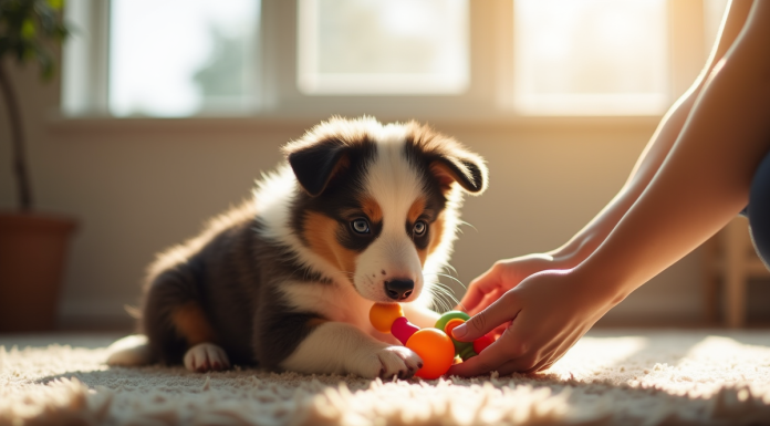 Chiot Australian Shepherd jouant dans un salon lumineux