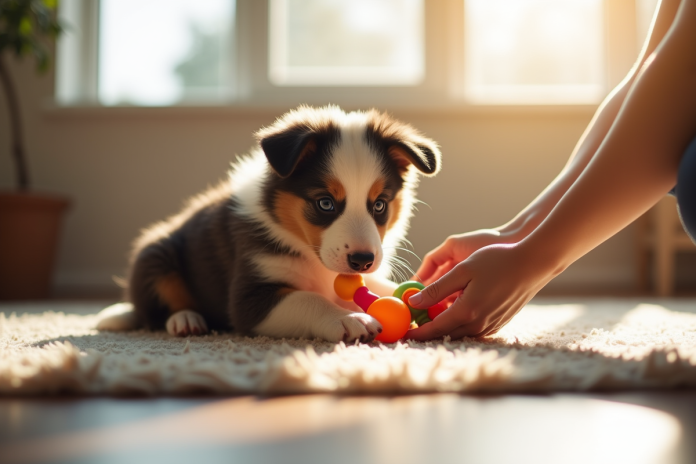 Chiot Australian Shepherd jouant dans un salon lumineux