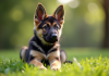 Jeune chiot berger allemand assis sur l'herbe verte