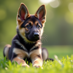 Jeune chiot berger allemand assis sur l'herbe verte