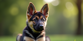 Jeune chiot berger allemand assis sur l'herbe verte