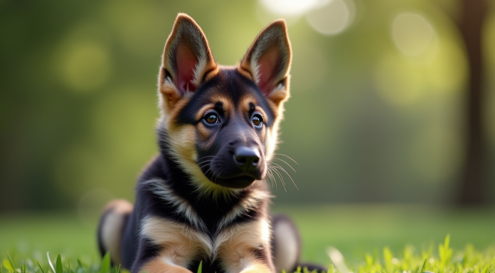 Jeune chiot berger allemand assis sur l'herbe verte