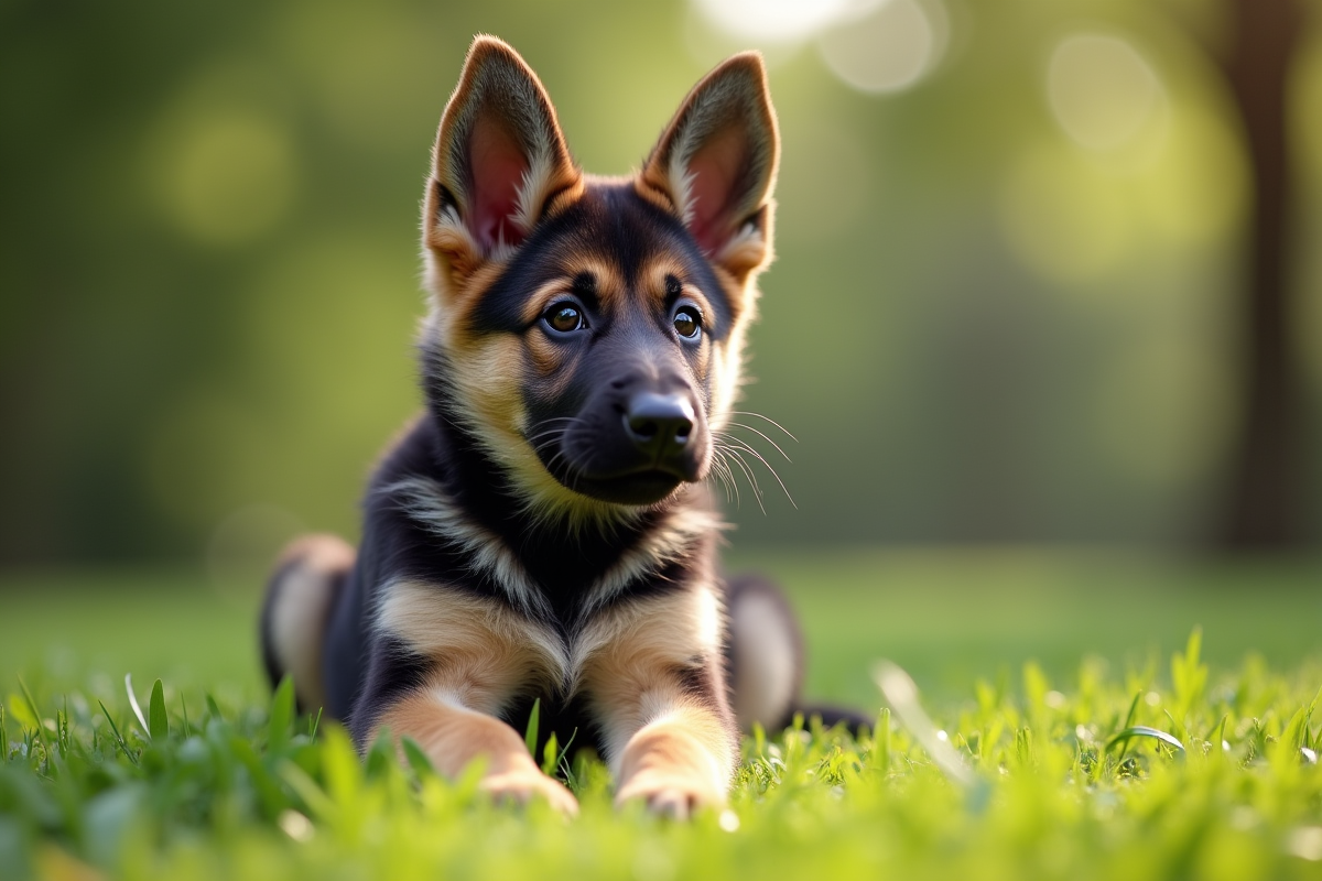 Jeune chiot berger allemand assis sur l'herbe verte