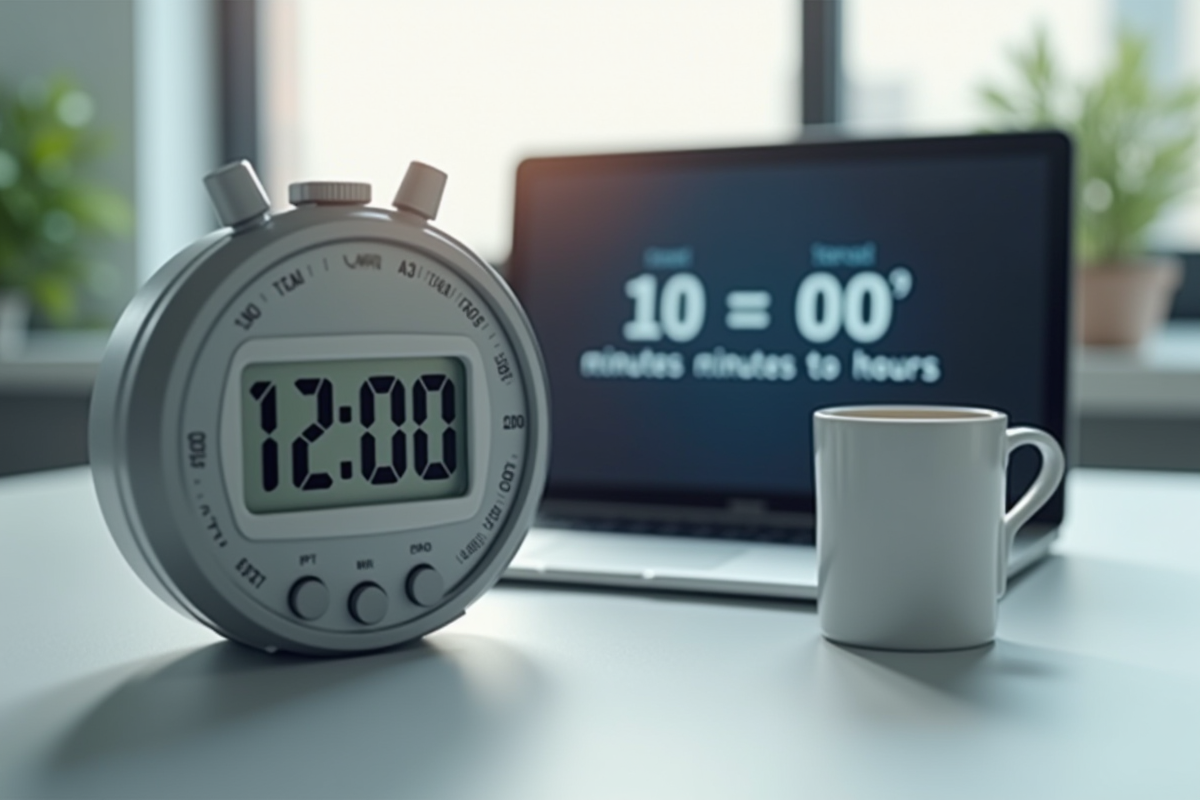 Chronomètre digital avec tasse et ordinateur en bureau lumineux