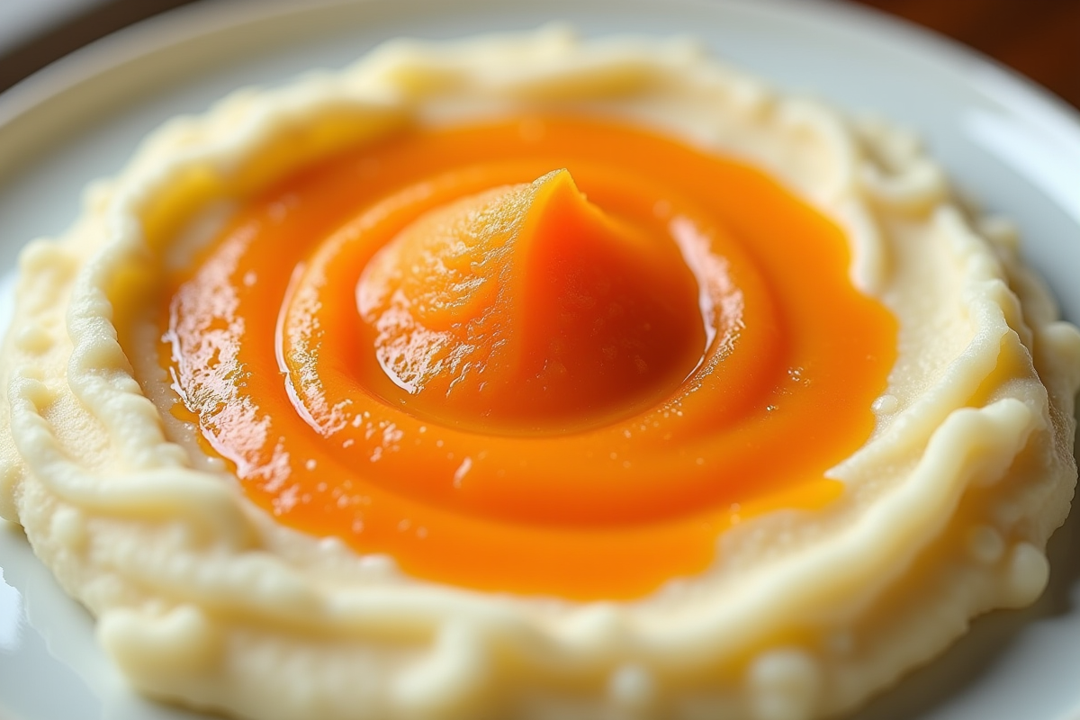 Gros plan artistique de purée de pommes de terre et carottes
