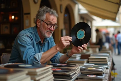 Collectionneur examinant des disques 78 tours dans une brocante en plein air en France