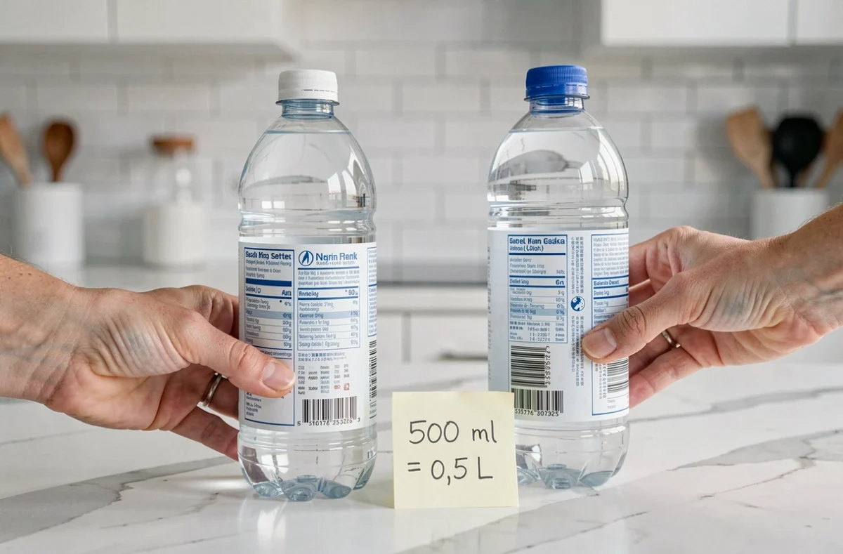 Comparaison visuelle d'une bouteille de 500 ml et d'un litre sur un plan de travail avec note de conversion, méthode mnémotechnique