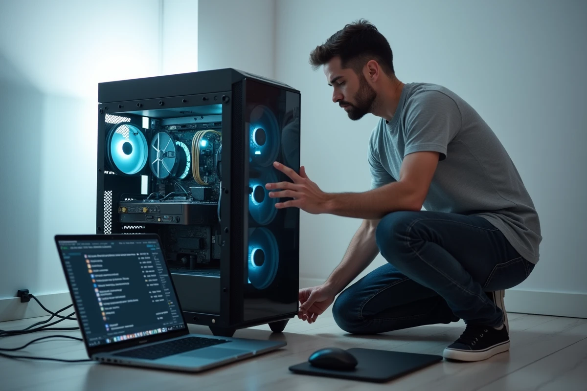 Homme vérifiant la configuration minimale de son PC pour faire fonctionner les mods Wicked de Sims 4 sans crash