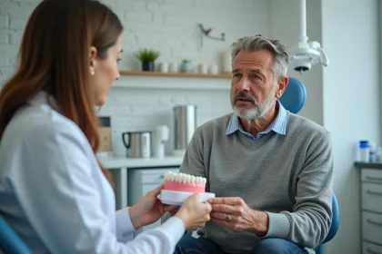 Homme et dentiste examinant un modele dentaire en clinique