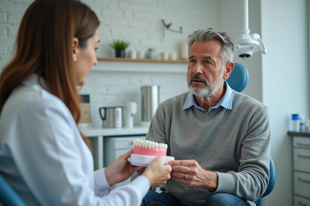 Homme et dentiste examinant un modele dentaire en clinique