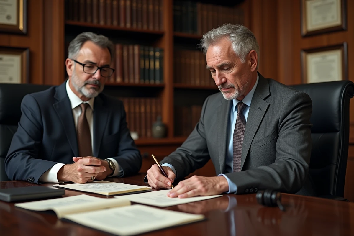 Consultation notariale gratuite avec un client examinant des documents officiels dans une &eacute;tude notariale