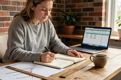 Femme calculant des conversions miles en kilomètres dans un carnet à son bureau avec tableau de distances imprimé