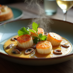 Coquille SaintJacques à la normande sur table en bois