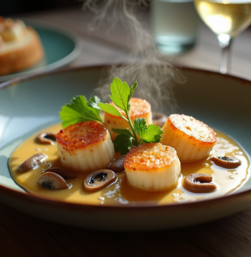 Maîtriser la coquille Saint-Jacques à la normande comme un chef Coquille SaintJacques à la normande sur table en bois