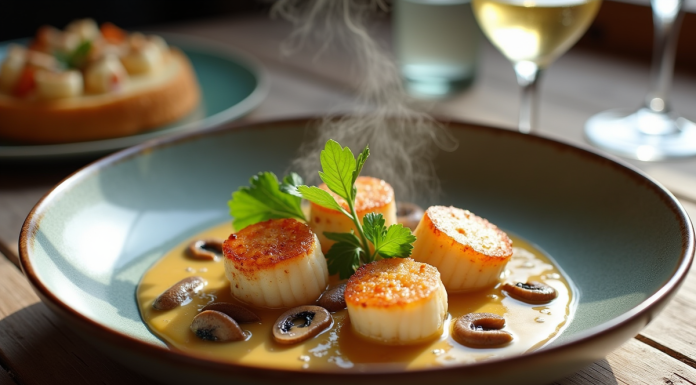 Coquille SaintJacques à la normande sur table en bois