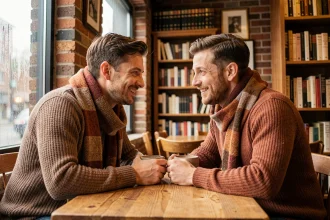 Couple amoureux se regardant avec tendresse dans un café chaleureux, mains proches sur la table, atmosphère romantique et intime
