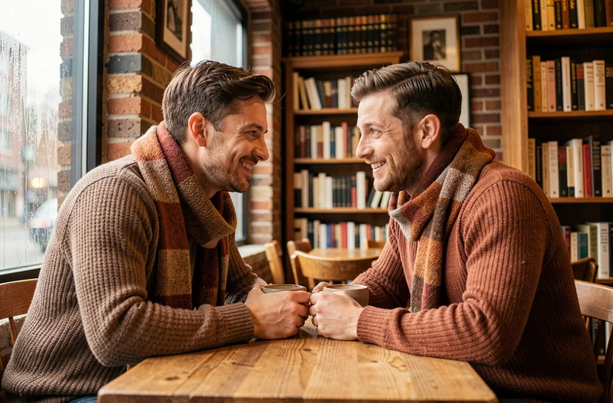 Couple amoureux se regardant avec tendresse dans un café chaleureux, mains proches sur la table, atmosphère romantique et intime