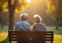 Vieux couple assis sur un banc partageant un sourire