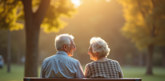 Vieux couple assis sur un banc partageant un sourire