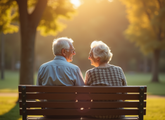 Ce que 33 ans de mariage peuvent vous enseigner sur l’amour Vieux couple assis sur un banc partageant un sourire