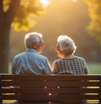 Vieux couple assis sur un banc partageant un sourire