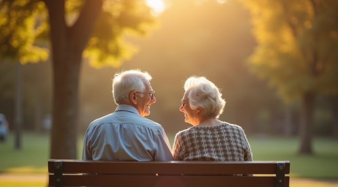 Vieux couple assis sur un banc partageant un sourire