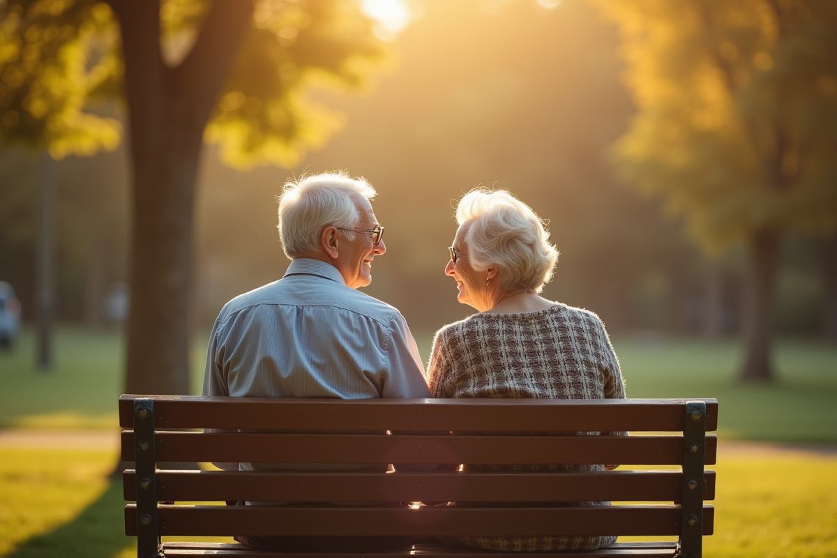 Vieux couple assis sur un banc partageant un sourire