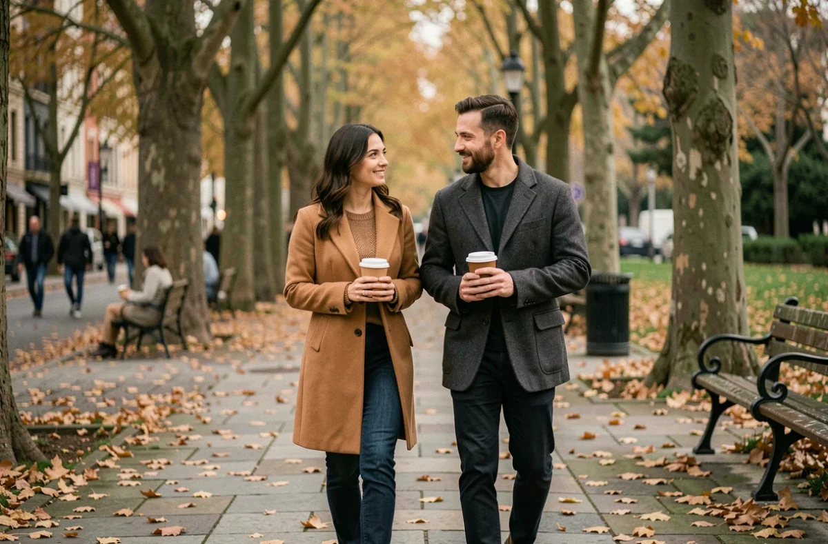 Couple serein se promenant en automne dans un parc urbain, symbolisant la relation équilibrée et complice que recherche l'homme Vierge