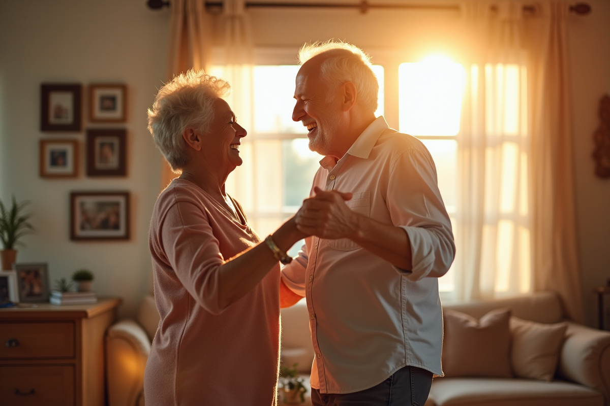 Vieux couple dansant dans un salon ensoleille