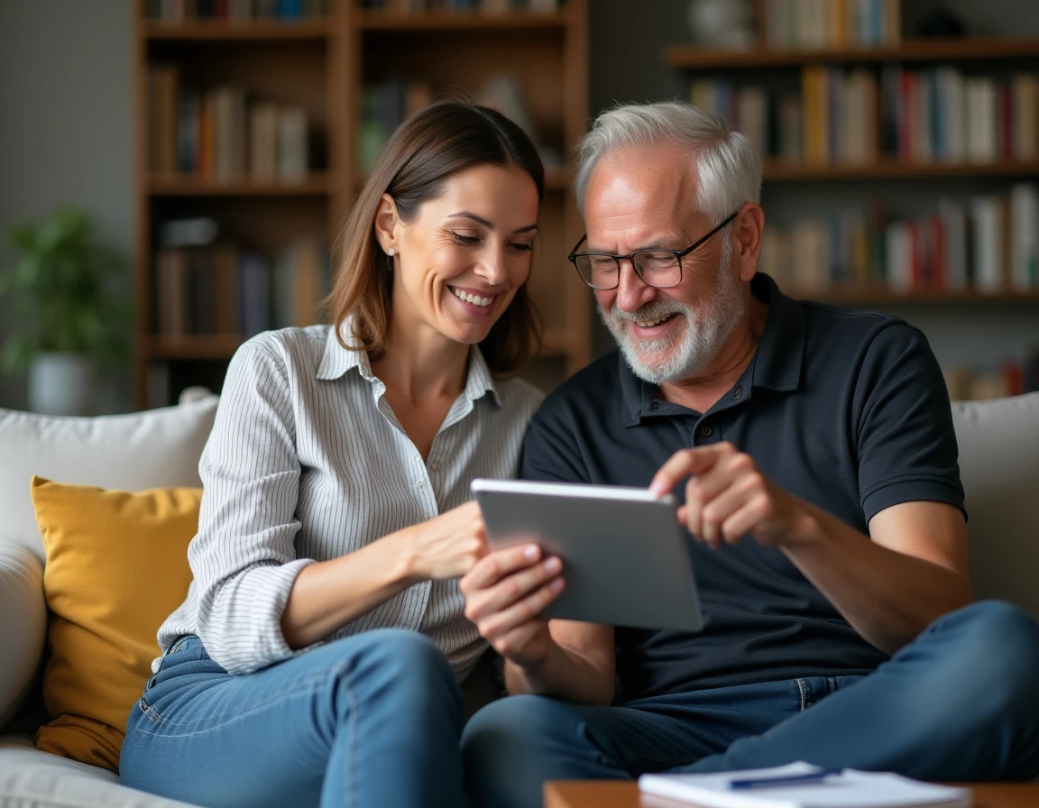 Couple gérant ensemble plusieurs dossiers familiaux en ligne sur une tablette numérique depuis leur salon