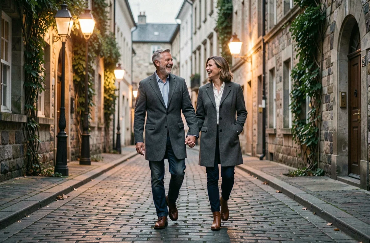 Couple d'âge mûr se promenant main dans la main en riant dans une vieille rue pavée européenne, ambiance romantique au crépuscule