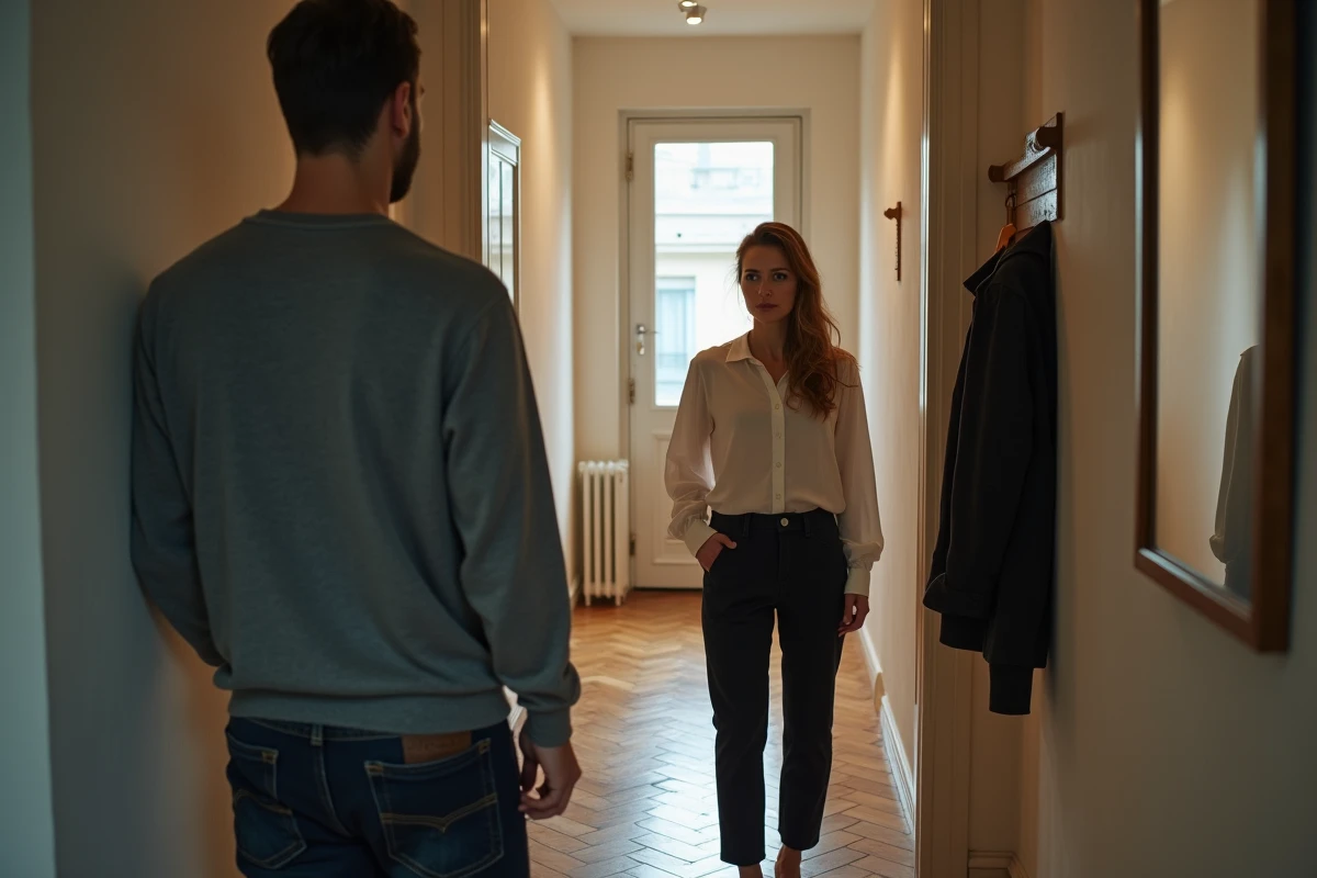 Couple dans un couloir d'appartement, l'homme tournant le dos vers la porte et la femme derrière lui dans une posture incertaine, illustrant la tension du silence et du rejet dans une relation narcissique