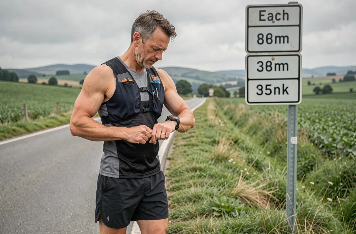 Coureur consultant sa montre GPS sur une route avec panneau de distance en miles dans la campagne