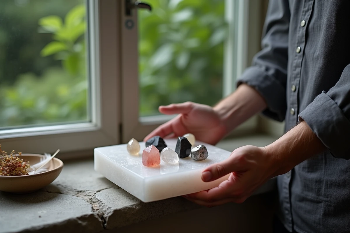 Mains masculines disposant des cristaux polis sur une plaque de sélénite pour purification énergétique