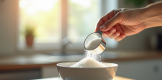 Couteau et bol de sucre blanc sur plan de travail lumineux