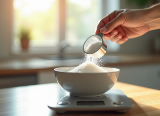 Couteau et bol de sucre blanc sur plan de travail lumineux