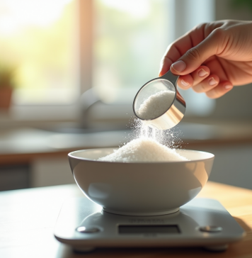 Comment traduire 500 g en ml dans votre cuisine Couteau et bol de sucre blanc sur plan de travail lumineux