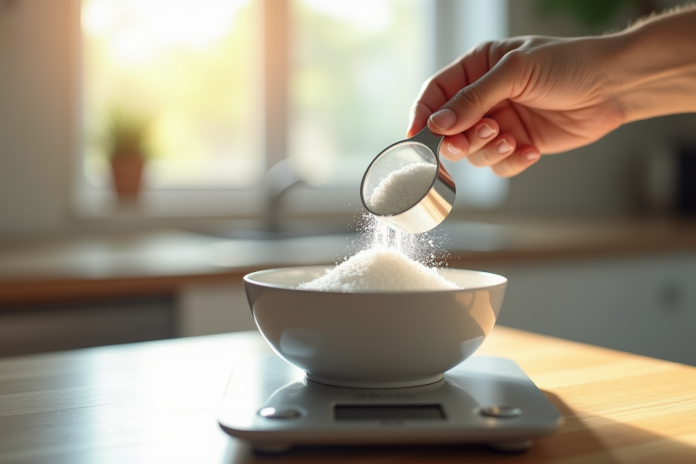 cuisine-epices-sucre Couteau et bol de sucre blanc sur plan de travail lumineux